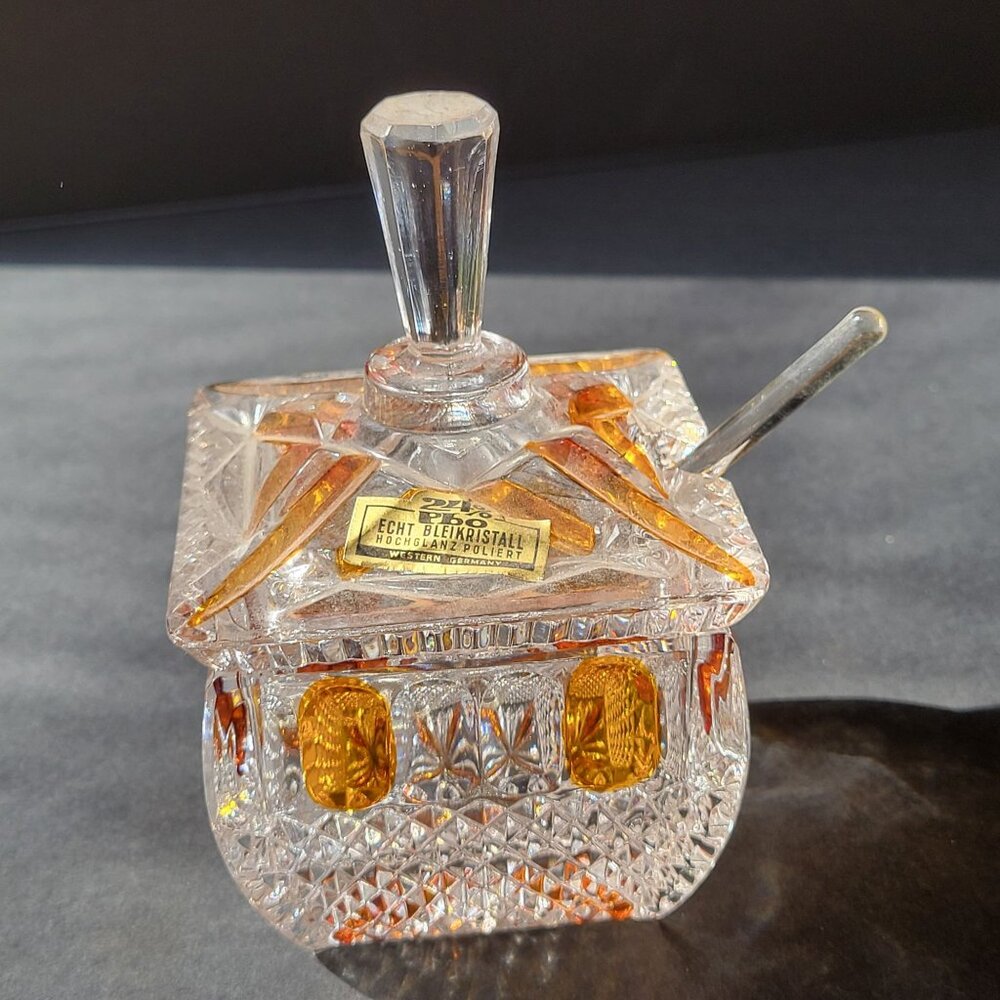 Wara Echt Bleikristall Crystal Sugar Bowl Lid Spoon Western Germany Amber Accent